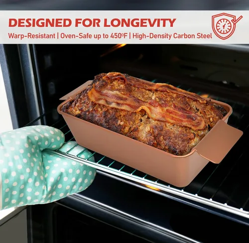 Vista 3 de PERLLI Molde para pan de carne con bandeja de goteo, 2 unidades, 9.8 x 5.7 pulgadas, sartén antiadherente de cobre para pastel de carne con bandeja