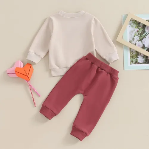 Vista 4 de Conjunto de ropa para el día de San Valentín para bebé niño y niña, sudadera larga con cuello redondo y letras, My First Valentines