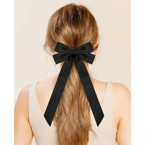 Vista 4 de Lazos de satén sedoso y pinzas de cocodrilo, soportes para cola de caballo de cinta negra, accesorios para el cabello para mujeres, niñas, niños
