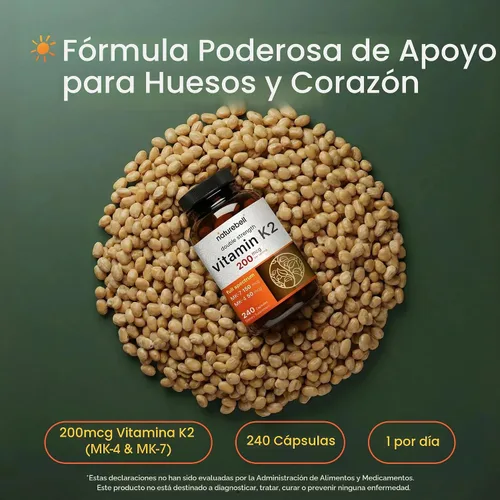 Vista 2 de NatureBell Suplemento de Vitamina K2 de Espectro Completo con MK-7 y MK-4, 200 mcg, 240 cápsulas Fórmula 2 en 1, complejo de vitaminas K – Apoya