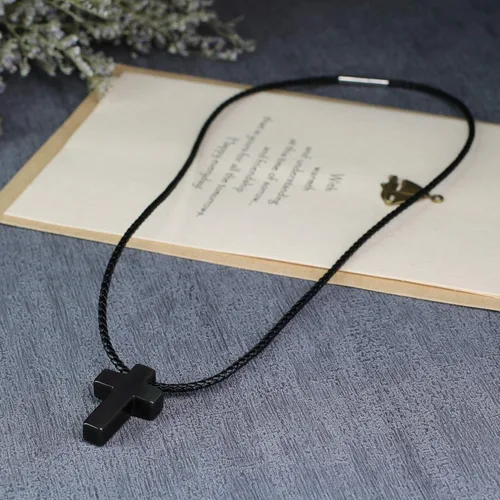 Vista 4 de COAI Collar con colgante de cruz de piedra de obsidiana de joyería religiosa