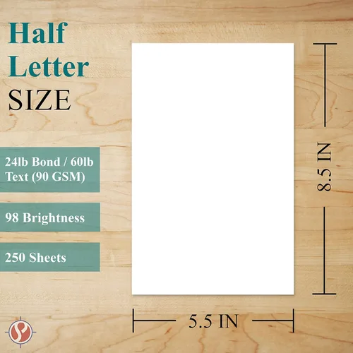 Vista 5 de Hojas de tamaño media carta: papel de copia de 8.5 x 5.5 pulgadas, hojas de notas blancas, papel grueso de 24 libras, 250 hojas por paquete