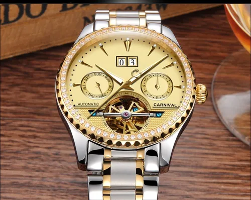 Vista 2 de CARNIVAL Mens tourbillon Multifunction Calendar Sapphire Full Gold Automatic Waterproof Watches