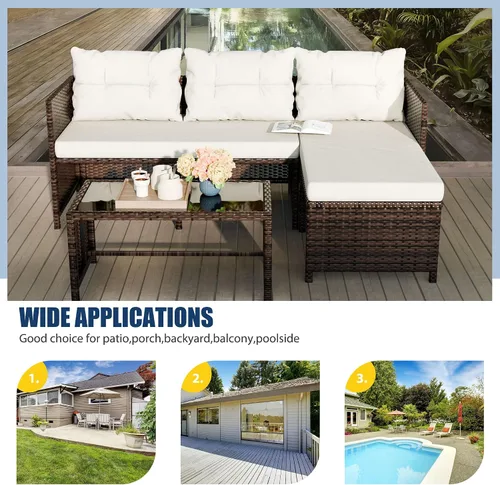 Vista 7 de Vongrasig Juego de muebles de patio de 3 piezas, sofá seccional de mimbre PE para todo tipo de clima, juego de conversación pequeño para Beige
