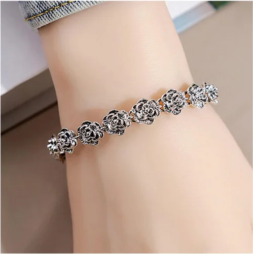 Vista 2 de Pulsera de flores de plata vintage para mujer, pulsera de flores de rosa, pulsera gótica de rosas para mujer