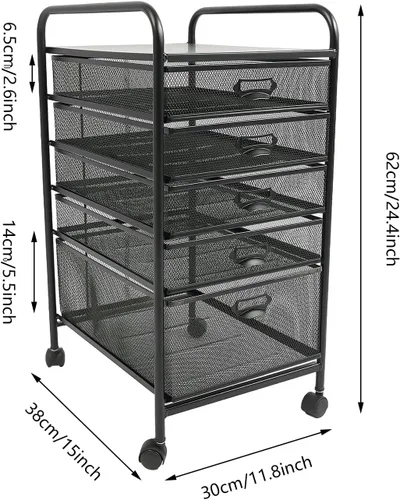 Vista 2 de Carro de archivos rodante de 5 cajones, gabinete de archivos debajo del escritorio con ruedas, organizador de cartas de papel, carrito de malla