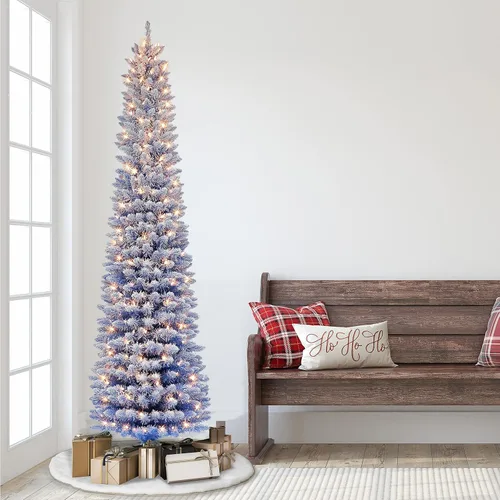 Vista 3 de Árbol de lápiz azul flocado preiluminado de 7.5 pies, 708 puntas, 300 luces incandescentes transparentes UL