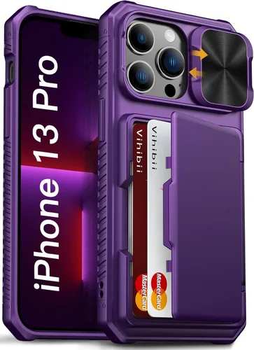 Vista 56 de Vihibii Funda para iPhone 13 Pro Max/iPhone 12 Pro Max con tarjetero (4 tarjetas) [bloqueo RFID] y cubierta de cámara deslizante, protección contra