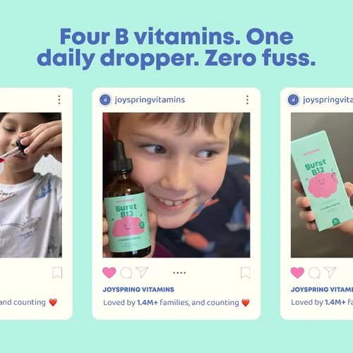 Vista 3 de JoySpring Burst B12 Drops - Complejo de vitamina B para niños con suplemento de metil B12 para apoyar el crecimiento y desarrollo saludables, gotas
