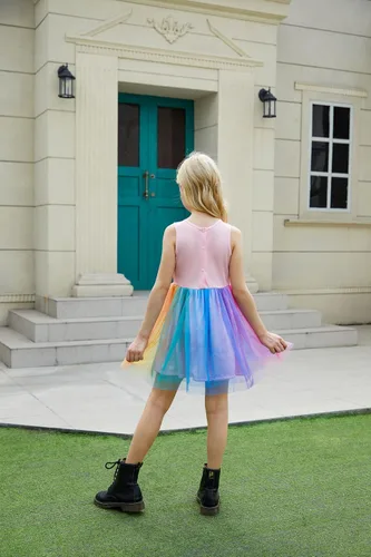 Vista 3 de JESKIDS Vestido de fiesta de lentejuelas brillantes para niñas, vestido de tul con volantes para niños, 4-13 años