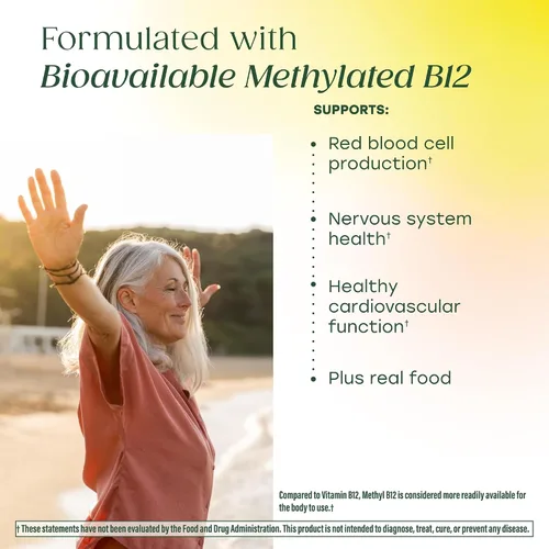 Vista 4 de MegaFood Metil B12 - Vegano - Incluye metil folato, vitamina B12 y B6 - Apoya la producción de energía celular, la salud del sistema nervioso