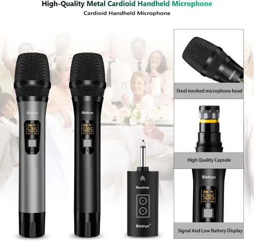 Vista 4 de Micrófono inalámbrico con Bluetooth, sistema de micrófono de metal dinámico de mano dual UHF profesional con receptor recargable, rango de 160 pies
