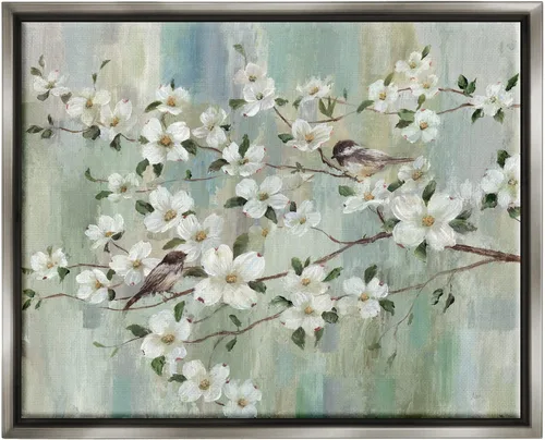 Vista 8 de Stupell Industries Delicadas flores de cerezo encaramadas pájaros pintura clásica flotante enmarcado arte de pared, diseño de Nan