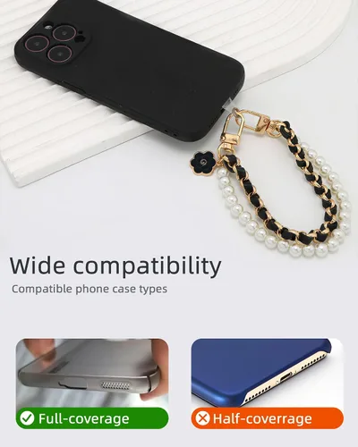 Vista 6 de Correa de muñeca para teléfono con cuentas de perlas, pulsera de teléfono desmontable con lengüeta de sujeción, pulsera universal con cuentas