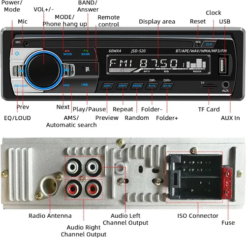 Vista 6 de JSD-520 Coche Estéreo Audio Solo DIN Bluetooth Manos Libres FM Radio Receptor USB Carga/MP3/AUX/TF, No Reproductor de CD
