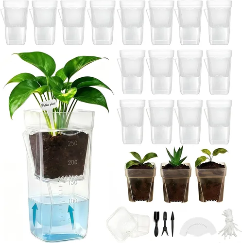 Vista 9 de Paquete de 16 macetas medianas de riego automático de 2.5 pulgadas para plantas de interior, pequeñas macetas de plástico transparente, macetas