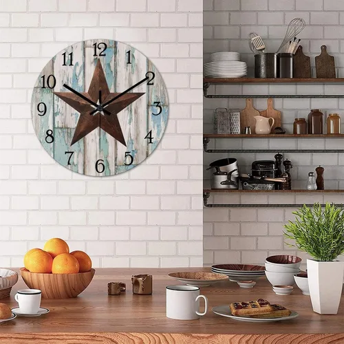 Vista 4 de Reloj de pared vintage con estrella de Texas occidental de madera rústica, sin tictac, silencioso, funciona con pilas, fácil de leer, elegante reloj