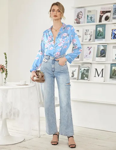 Vista 5 de Ekouaer Conjunto de pijama clásico de seda satinada con botones para mujer