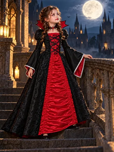 Vista 5 de SIZGAROOT Disfraz de vampiro para niñas, vestido gótico de reina Rojo