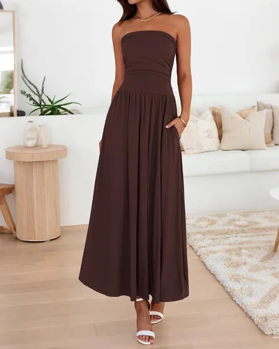 Vista 4 de BTFBM Vestidos largos de verano para mujer, vestido sin tirantes Marrón