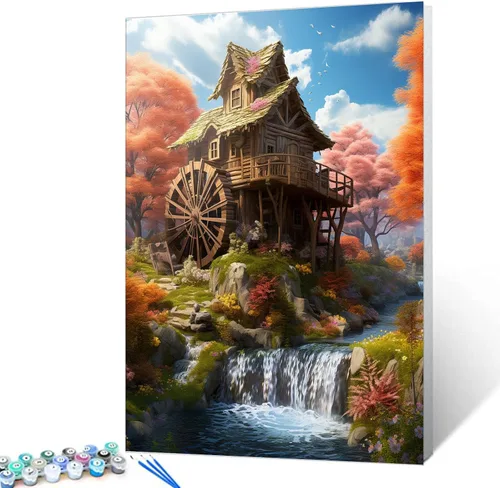 Vista 12 de Tucocoo Pintura de cabaña forestal por números para adultos, kits de pintura al óleo digital sobre lienzo con pinceles y pigmento acrílico, rueda