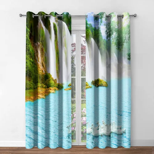 Vista 8 de Jekeno Cortinas opacas para oscurecer la habitación, con ojales, para ventana, atardecer, océano hawaiano, playa, tropical, palmera, decoración