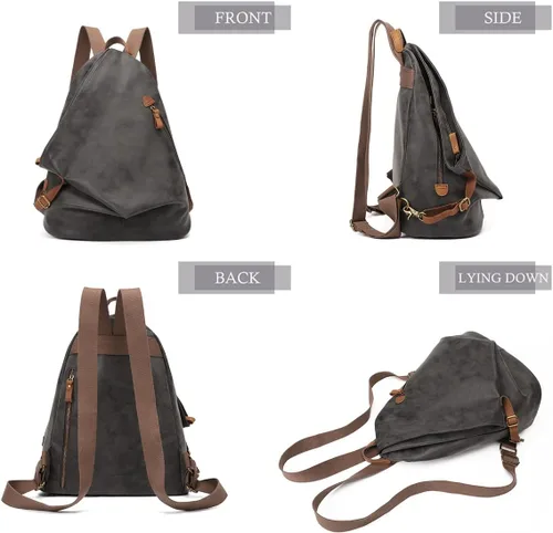 Vista 5 de KL928 Mochila vintage de lona Mochila grande informal para viajes al aire libre, mochila de senderismo para hombres y mujeres, negro (6882-PU-Black)