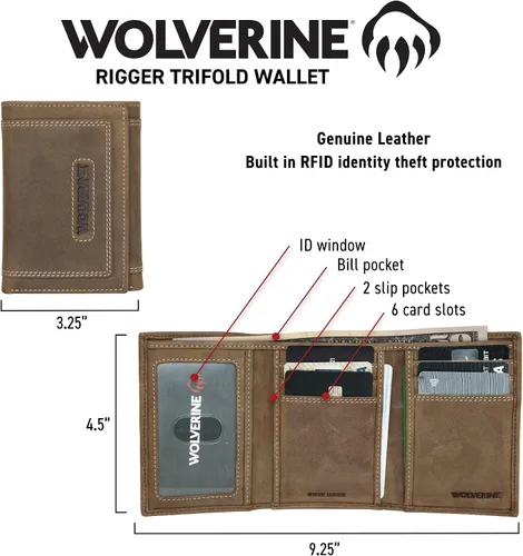 Vista 5 de Wolverine Mens Bifold Wallet RFID Protection ID Window Card Slots Bill Pocket Durable Leather Canvas