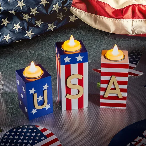 Vista 4 de Decoraciones del 4 de Julio, 3 PCS Portavelas de Madera Patrióticos con Velas de Té, Centros de Mesa Rústicos de Granja para el Hogar, Bandeja