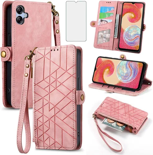 Vista 10 de Asuwish Funda para teléfono Samsung Galaxy A04e con protector de pantalla de vidrio templado y correa para la muñeca de cuero con cremallera