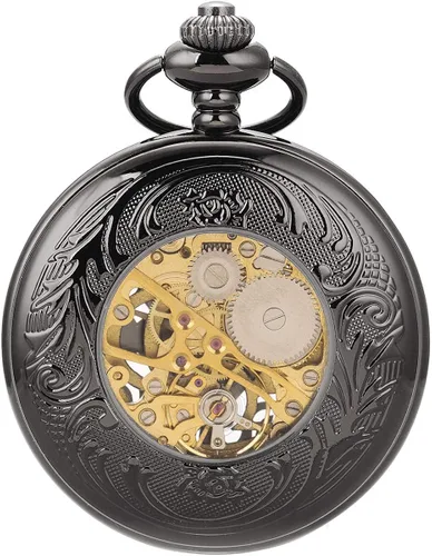 Vista 6 de ManChDa Reloj de bolsillo mecánico vintage negro con cadena para hombres + caja