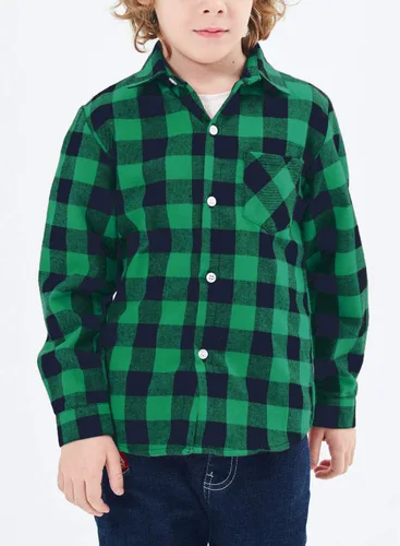 Vista 3 de Yinggeli Camisas a cuadros para niños y niñas, camisas de vestir de franela de manga larga con botones 2T - 8T