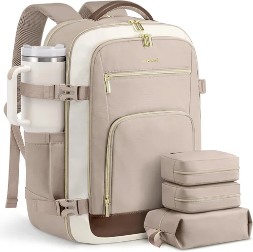 Vista 19 de LOVEVOOK Mochila de viaje para mujer y hombre, Beige, Mochilas de viaje