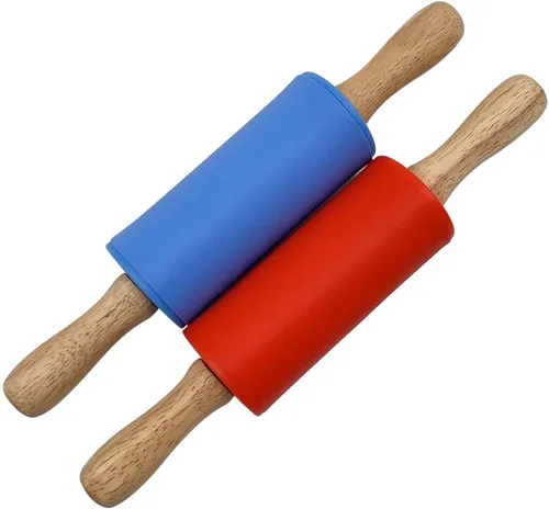 Vista 4 de Rodillo de mango de madera pequeño para niños - Rodillo de silicona antiadherente para Reposteria y Masa