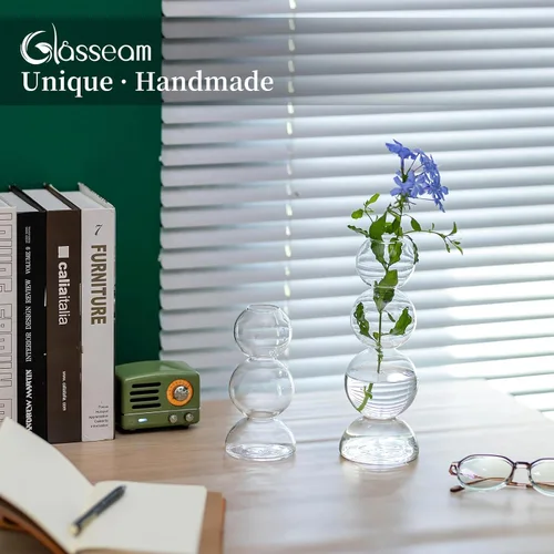 Vista 4 de Glasseam Juego de 2 jarrones de flores únicos, bonitos jarrones pequeños de vidrio para flores, jarrones transparentes modernos para decoración