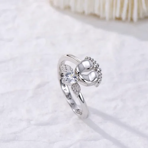 Vista 3 de SVODEA Anillo abierto de pies de bebé para mujer, plata de ley 925 con circonita cúbica creada con alas de ángel, anillos ajustables, delicado