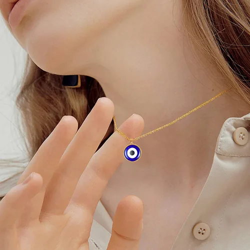 Vista 6 de VIBILIA Collar contra el mal de ojo con dije de amuleto de tercer ojos azules, delicado collar de cadena de oro Ojo con protección de Cabalá
