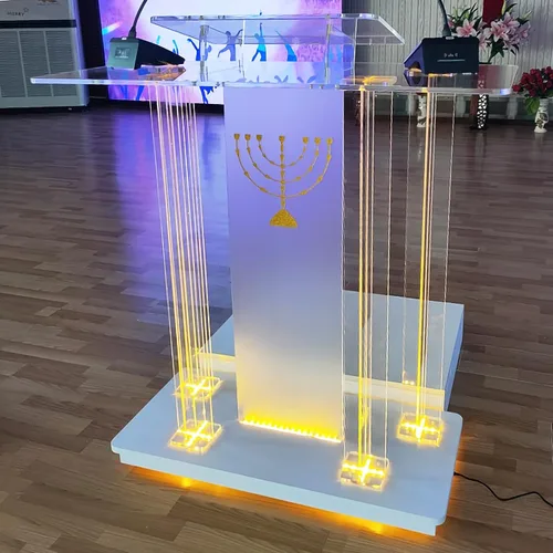 Vista 3 de FixtureDisplays Púlpito de iglesia con iluminación LED de lujo, acrílico y MDF podio con ruedas, atril de pie, atril de debate de conferencia