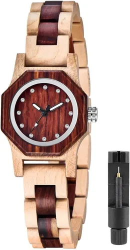 Vista 11 de Tiong Reloj de madera para mujer con correa de madera, diseño clásico analógico, colorido, de bambú, relojes para mujeres, parejas