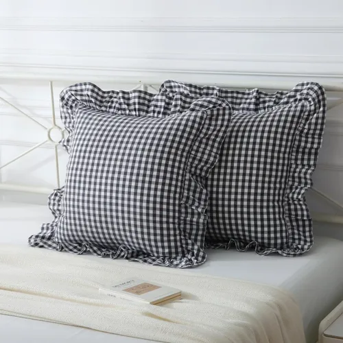 Vista 2 de Mywinlle juego de 2 fundas para cojín con volantes a cuadros negro/blanco, fundas de almohada decorativas de algodón lavado a cuadros estilo granja