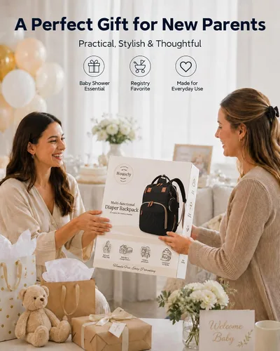 Vista 6 de houscly Mochila para pañales con cambiador: bolsas de bebé de viaje negras para niñas y niños, pañaleras para bebe, artículos esenciales para recién