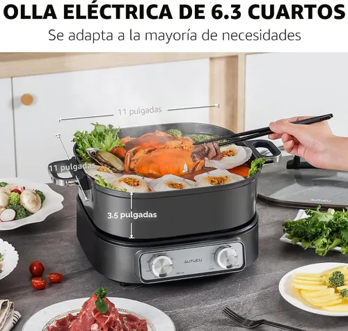 Vista 2 de Sartén eléctrica de 6 cuartos con parrilla Olla antiadherente con revestimiento cerámico libre de PFOA, 1600W, temporizador y 3 configuraciones