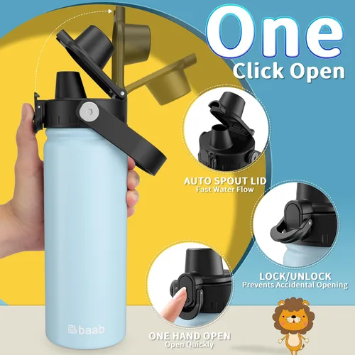 Vista 4 de baab Botella de Agua para Niños de 18 oz, Botella de Agua Aislada para Niños con Tapa de Boquilla Bloqueable y Calcomanías, Taza de Agua para Niños