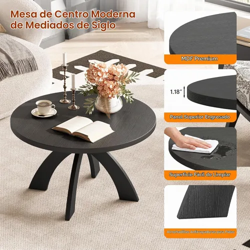 Vista 6 de VINGLI Mesa de centro redonda de 31.5 pulgadas con patas cruzadas, mesa de centro de madera, color negro