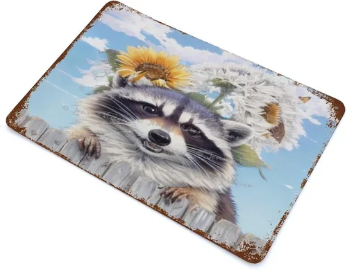 Vista 3 de Zomyto Cartel de metal con imágenes de mapache para pared, lindo mapache con girasol, letreros de lata novedosos para habitación de niños, póster