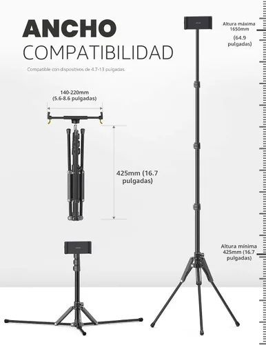 Vista 5 de Lamicall Soporte de trípode para tablet de 64.9 pulgadas con altura ajustable para transmisión/visualización con control remoto Bluetooth, para iPad