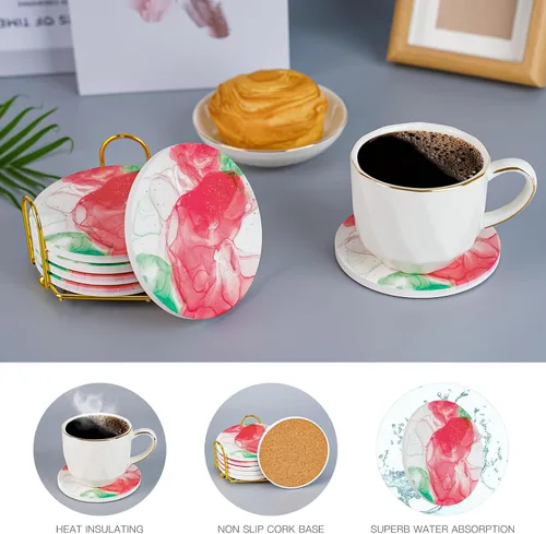 Vista 5 de Posavasos para bebidas con soporte dorado, juego de posavasos absorbentes de mármol con base de corcho para protección de mesa