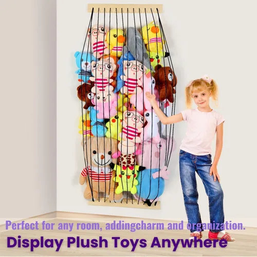 Vista 3 de Almacenamiento de animales de peluche, paquete de 2 unidades de almacenamiento de madera suave para habitación de los niños, montaje en pared