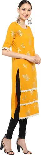 Vista 5 de Janasya Indian Women's Mustard Poly Crepe Foil Print Straight Kurta