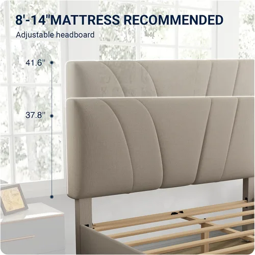 Vista 4 de Avenco - Base de cama tamaño matrimonial con plataforma tapizada y cabecera ajustable, soporte de listones de madera, fácil montaje, no necesita